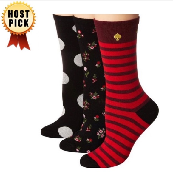 kate spade Accessories - 3 KATE SPADE Red Brown Stripe Floral Polka Dot Trouser Crew Socks NIP Holiday